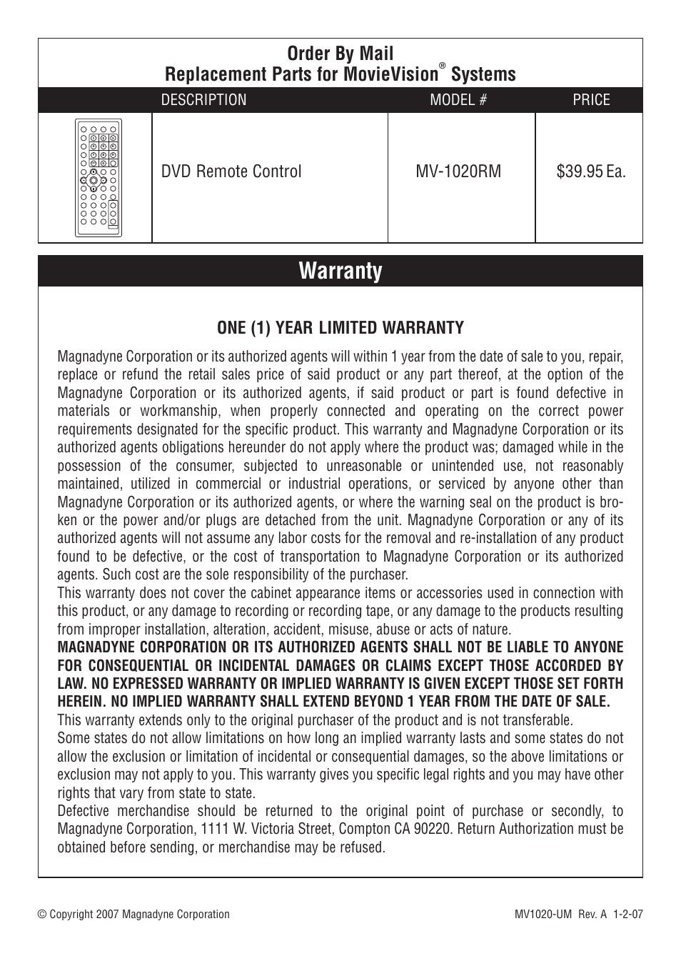 Warranty, Order by mail replacement parts for movievision, Systems | Magnadyne MV1020 User Manual | Page 20 / 20