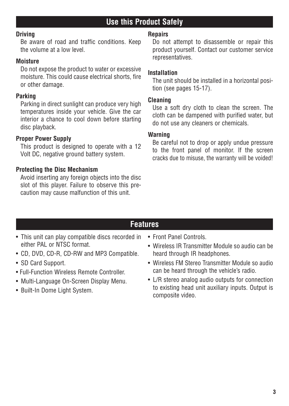 Features, Use this product safely | Magnadyne MV1020 User Manual | Page 3 / 20