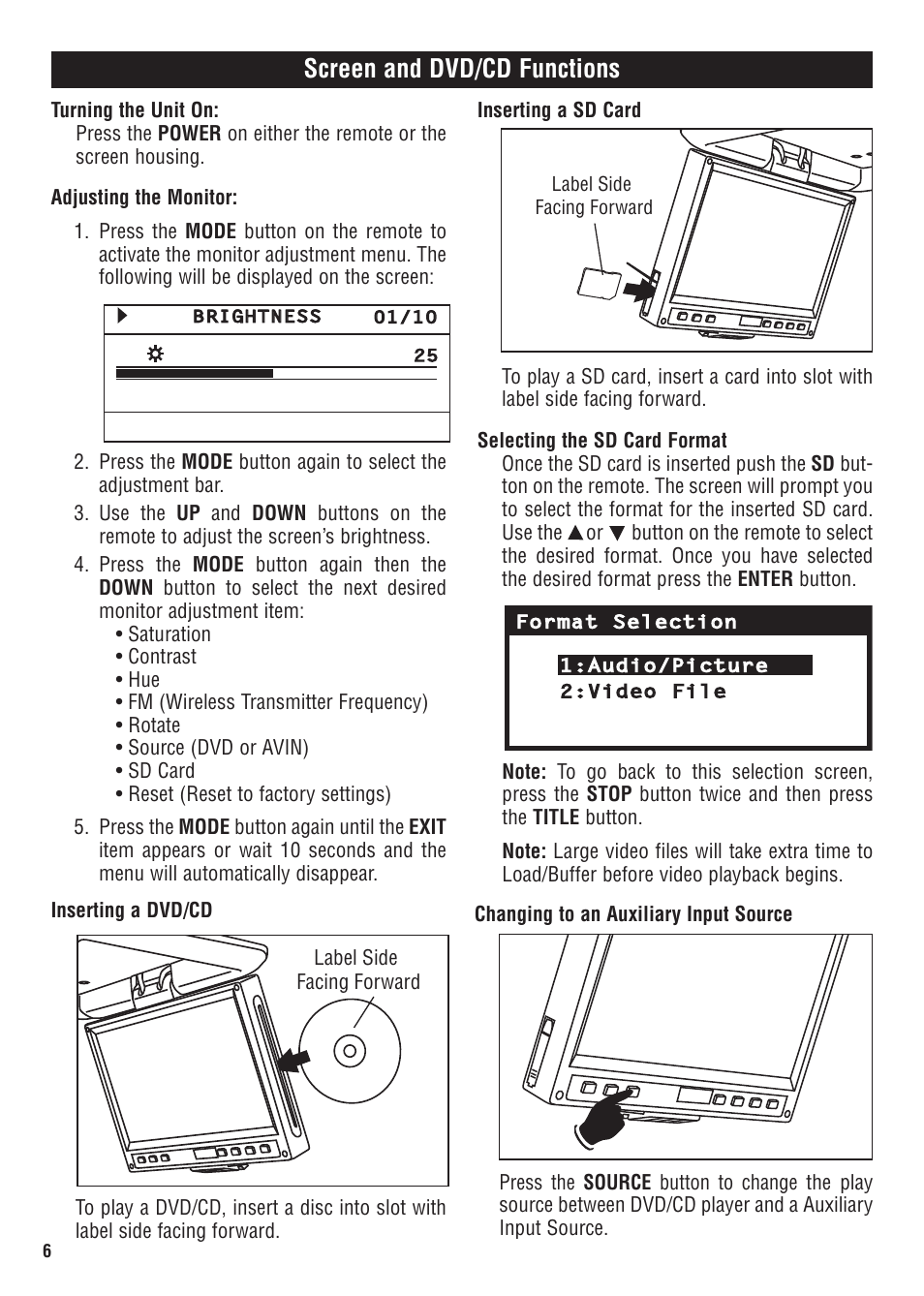 Screen and dvd/cd functions | Magnadyne MV1020 User Manual | Page 6 / 20