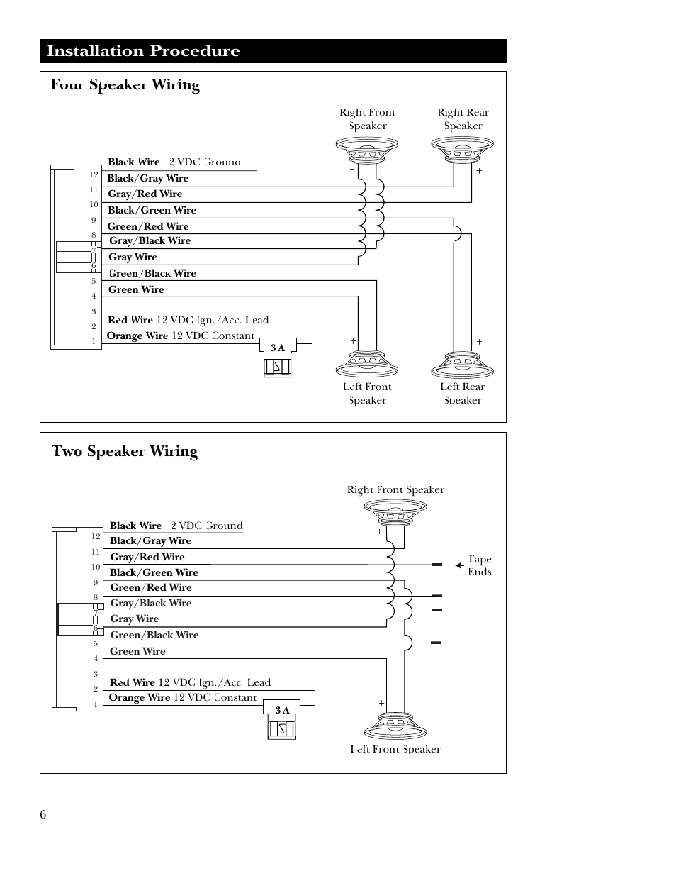 Installation procedure, Four speaker wiring, Two speaker wiring | Magnadyne M9800 User Manual | Page 6 / 12
