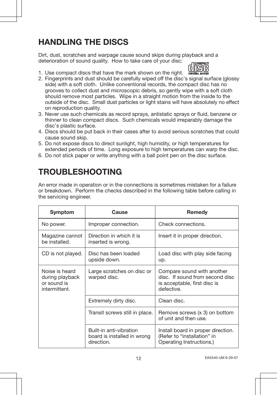 Handling the discs, Troubleshooting | Magnadyne EAX540 User Manual | Page 12 / 12