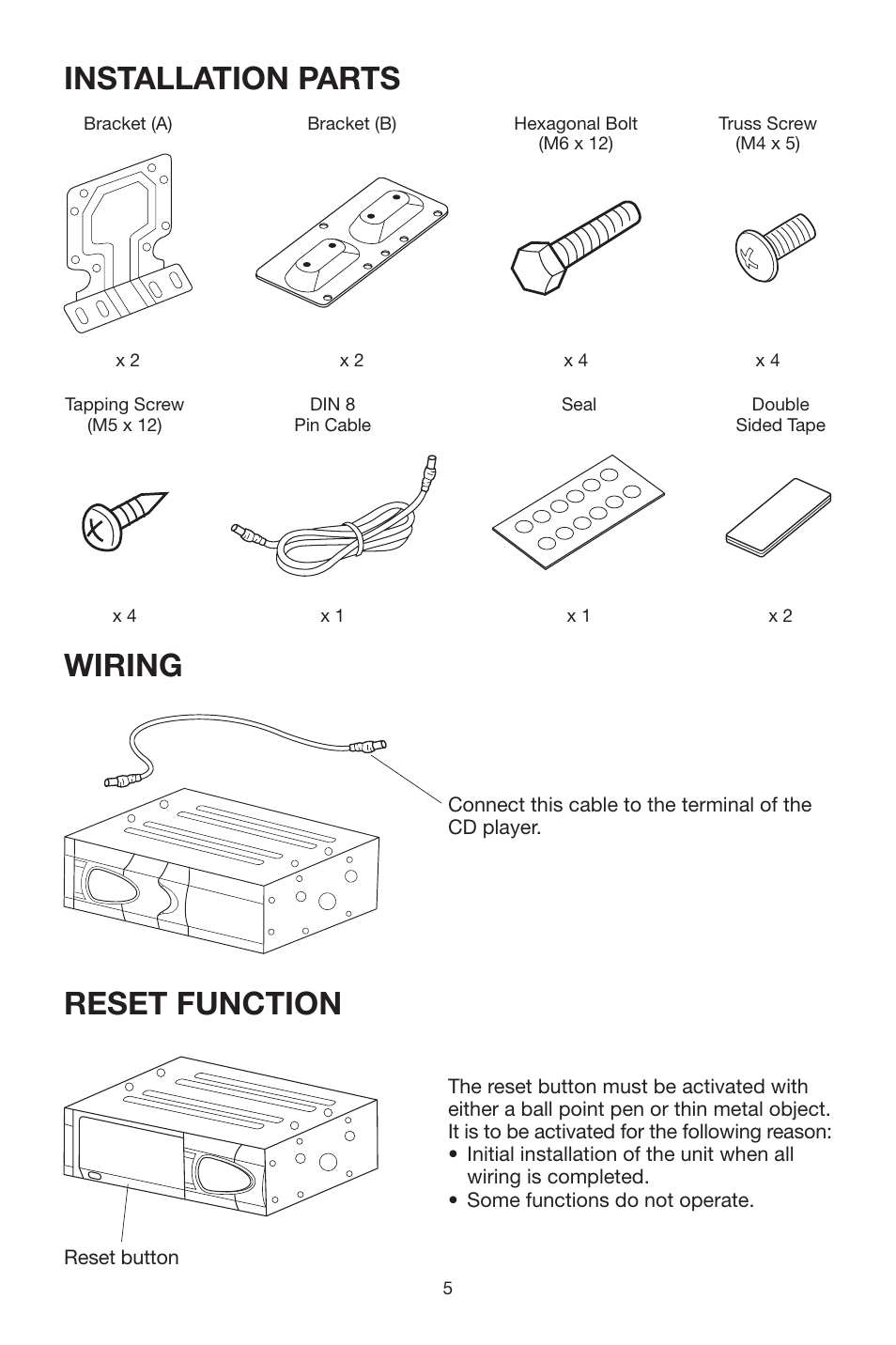 Installation parts wiring, Reset function | Magnadyne EAX540 User Manual | Page 5 / 12