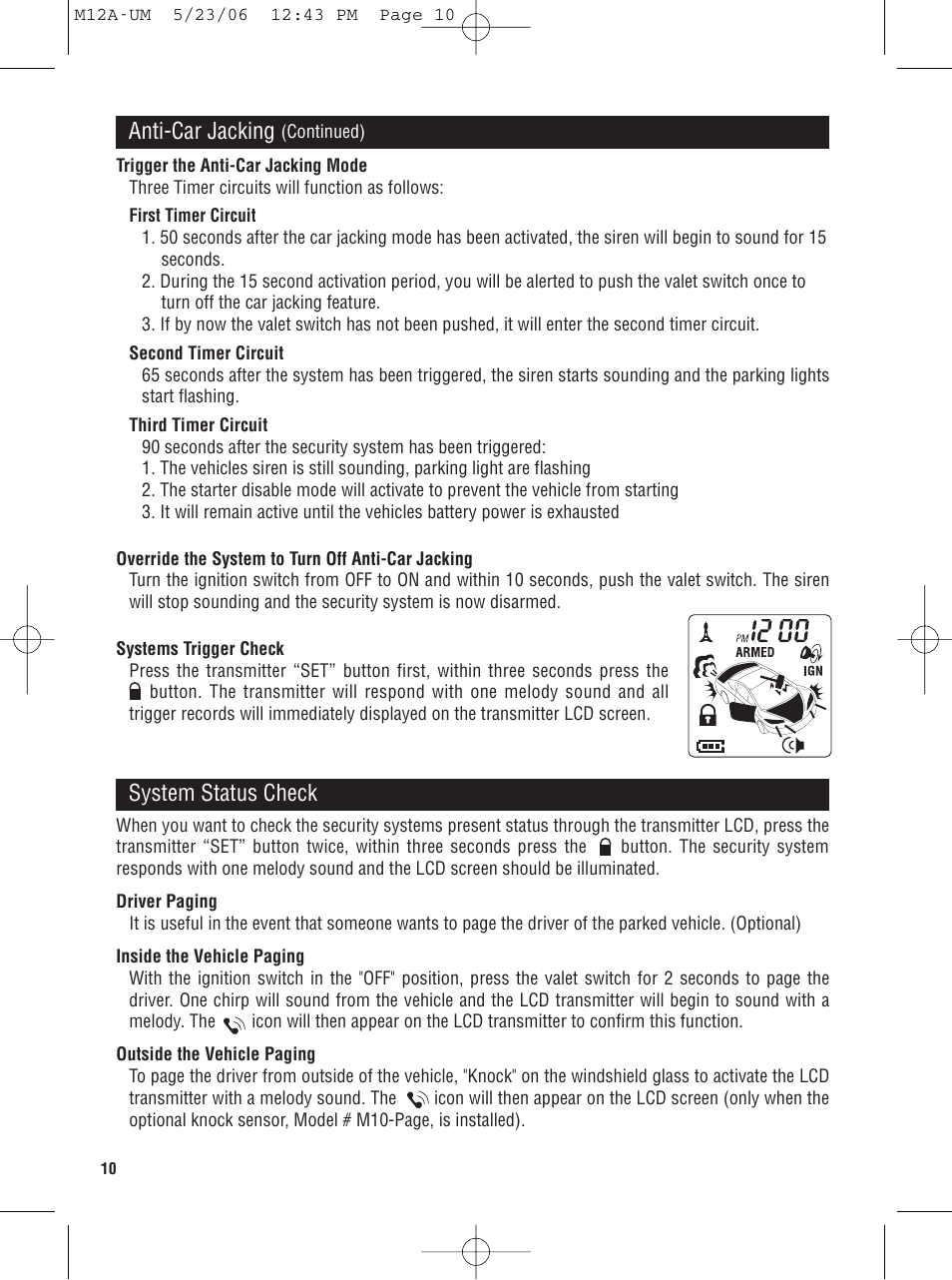 Anti-car jacking, System status check | Magnadyne M12A User Manual | Page 10 / 20