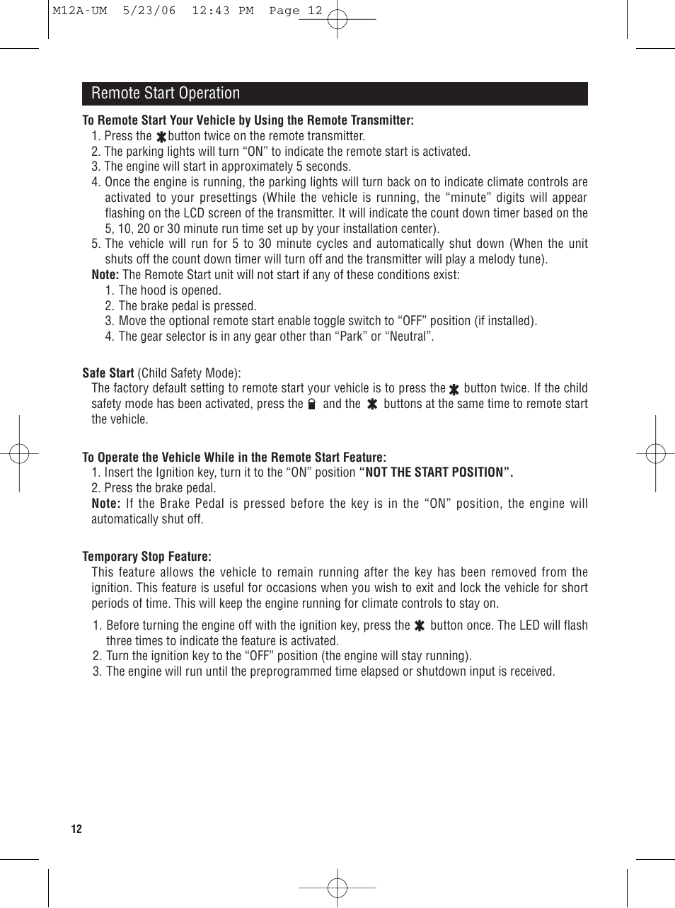 Remote start operation | Magnadyne M12A User Manual | Page 12 / 20