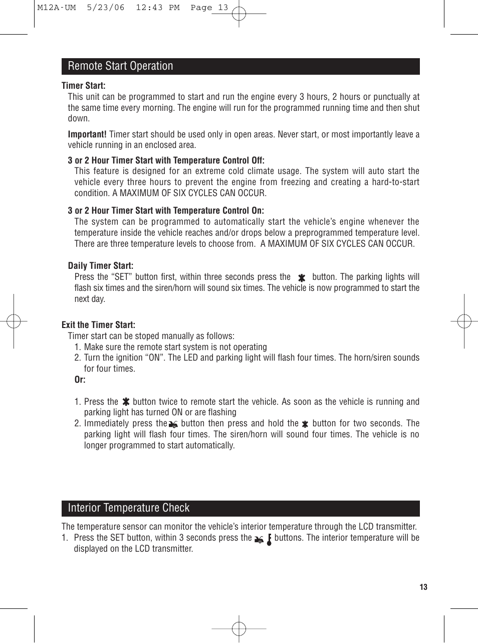 Remote start operation interior temperature check | Magnadyne M12A User Manual | Page 13 / 20