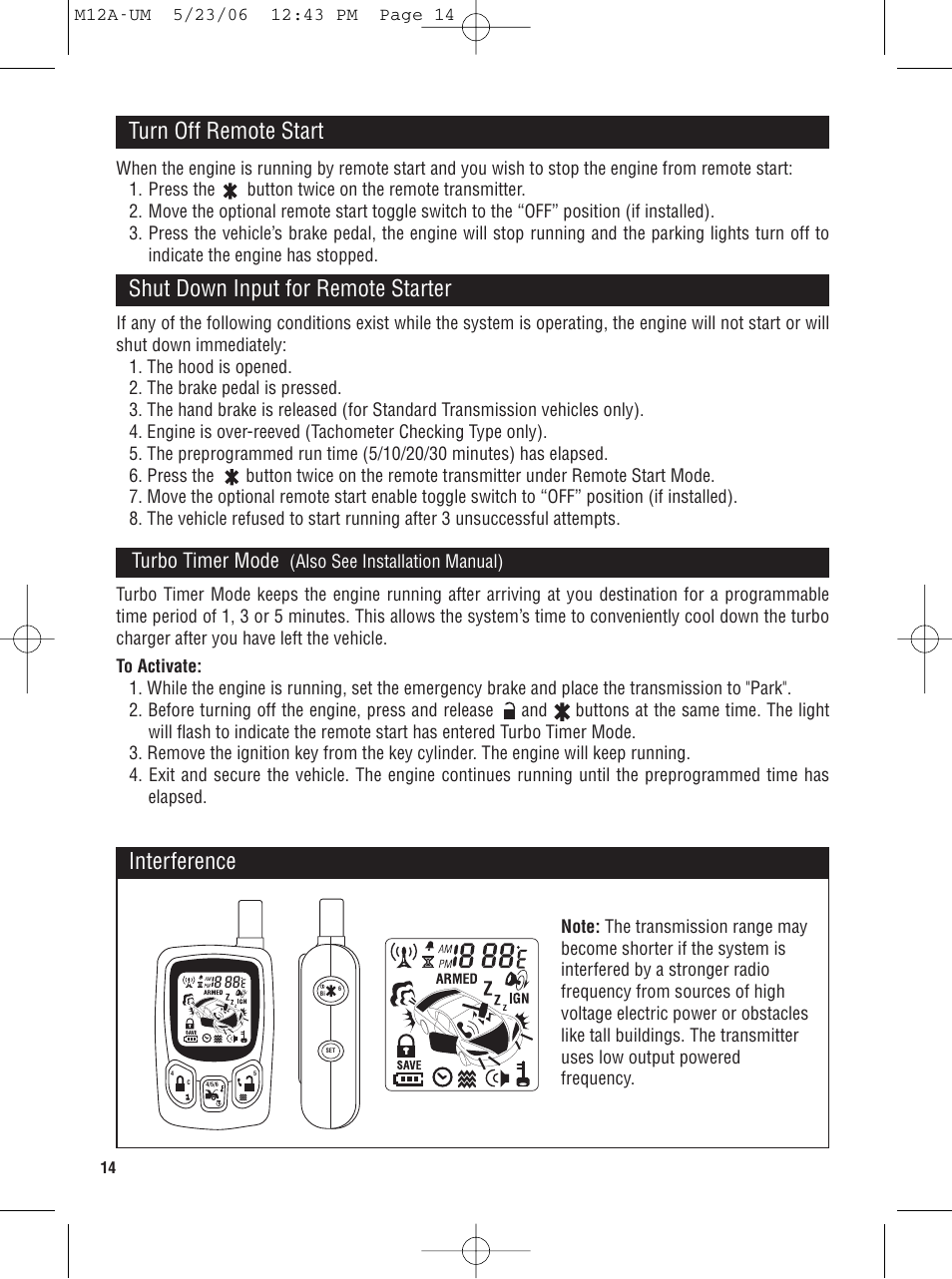 Interference, Turn off remote start, Shut down input for remote starter | Turbo timer mode | Magnadyne M12A User Manual | Page 14 / 20