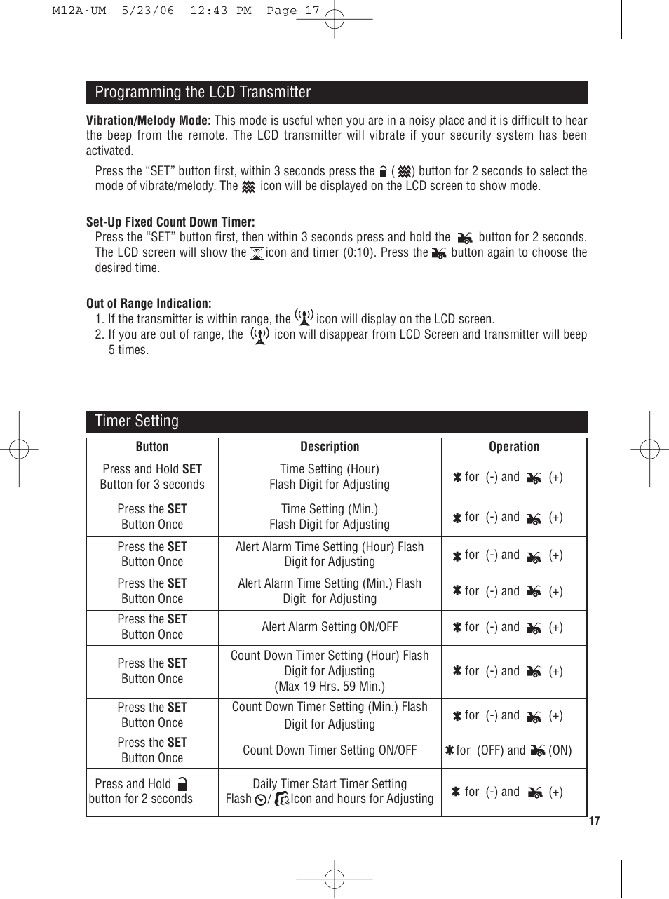 Timer setting programming the lcd transmitter | Magnadyne M12A User Manual | Page 17 / 20