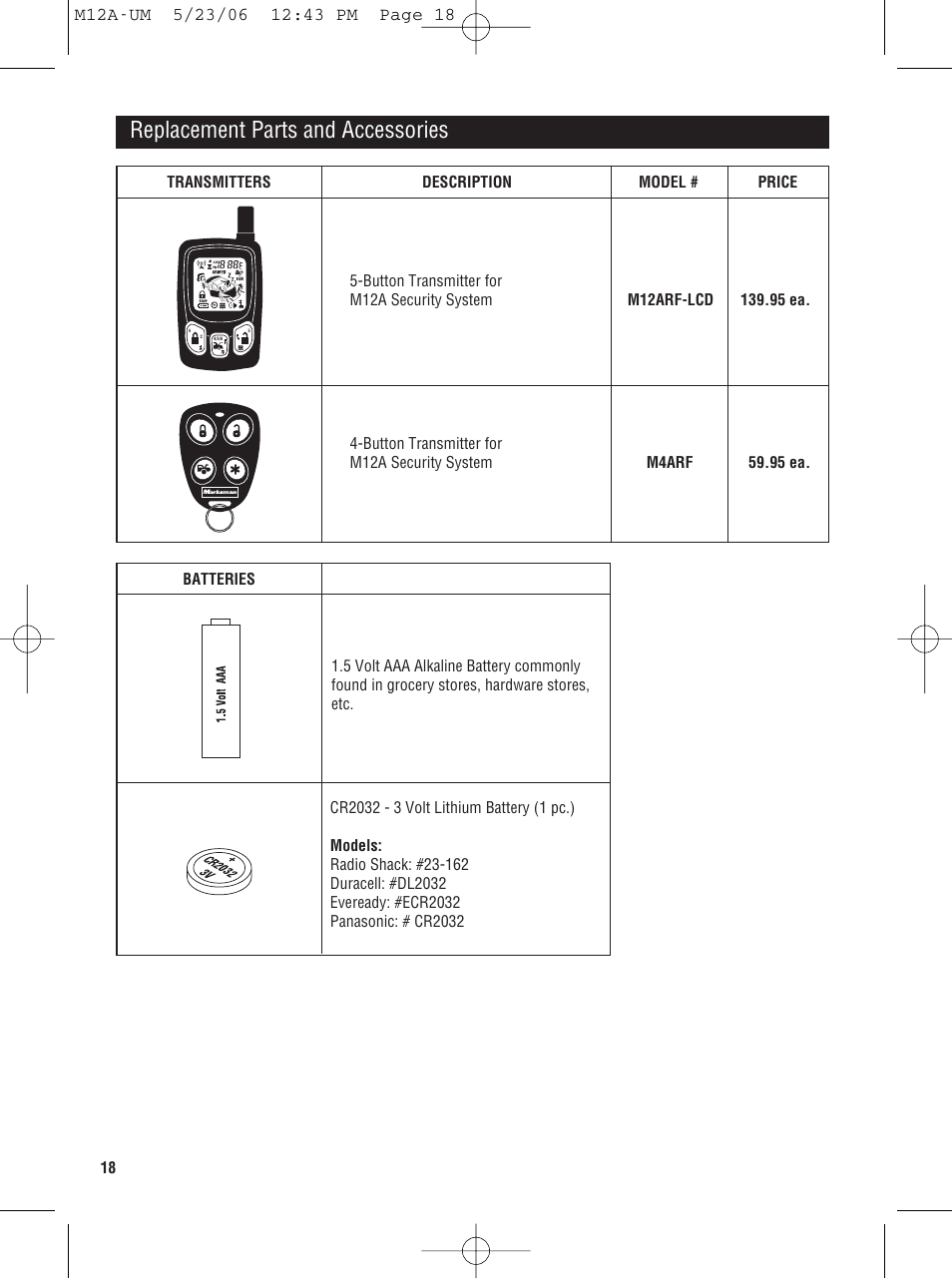 Replacement parts and accessories | Magnadyne M12A User Manual | Page 18 / 20