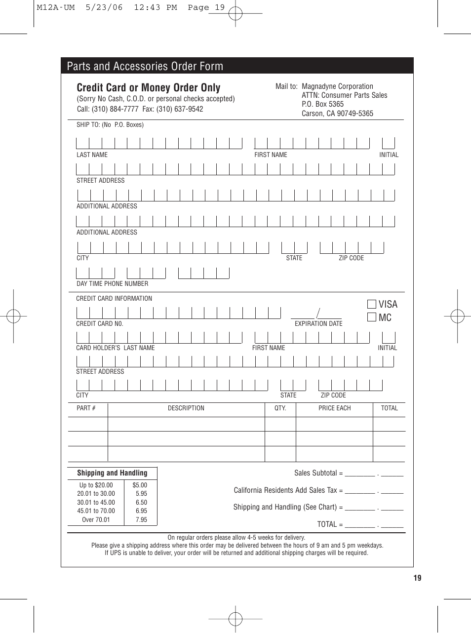 Parts and accessories order form, Credit card or money order only, Visa mc | Magnadyne M12A User Manual | Page 19 / 20