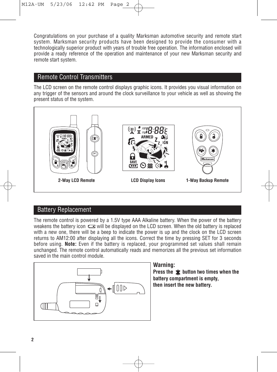 Remote control transmitters, Battery replacement, Warning | Magnadyne M12A User Manual | Page 2 / 20