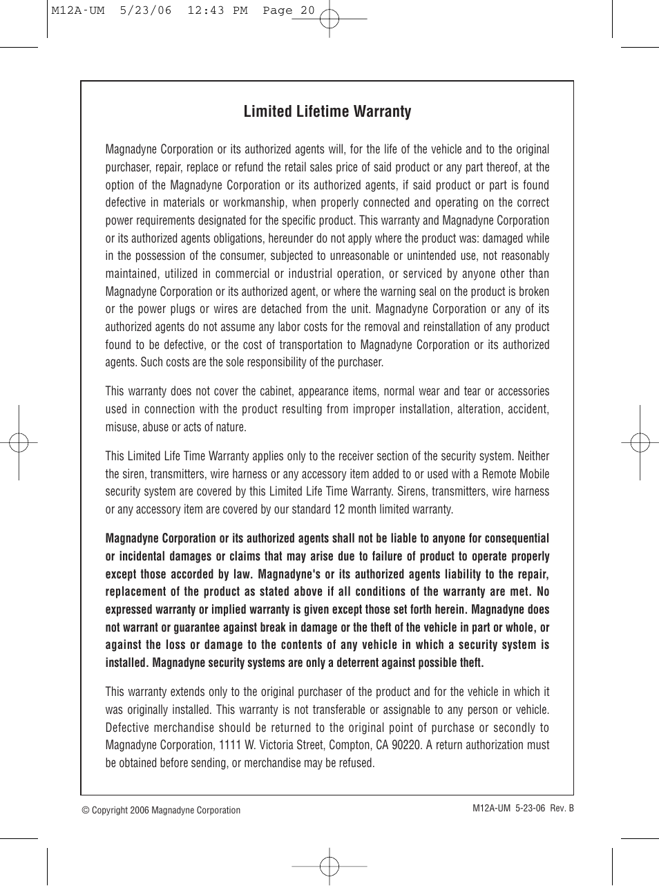 Limited lifetime warranty | Magnadyne M12A User Manual | Page 20 / 20