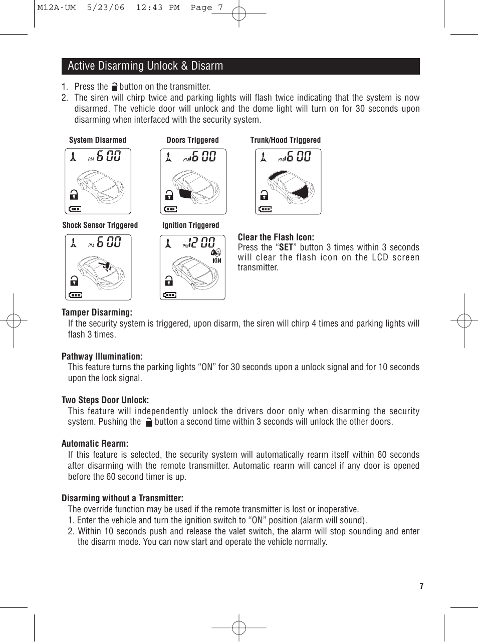 Active disarming unlock & disarm | Magnadyne M12A User Manual | Page 7 / 20