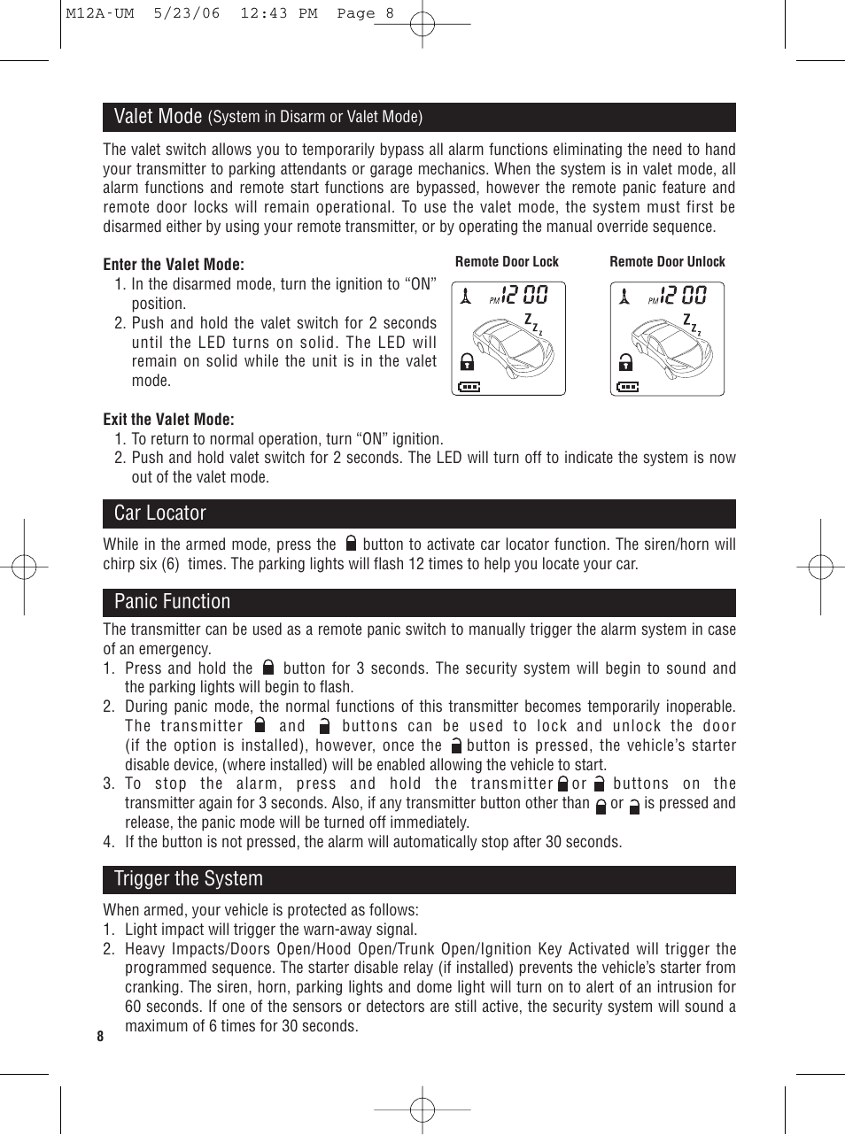 Valet mode, Car locator, Panic function | Trigger the system | Magnadyne M12A User Manual | Page 8 / 20