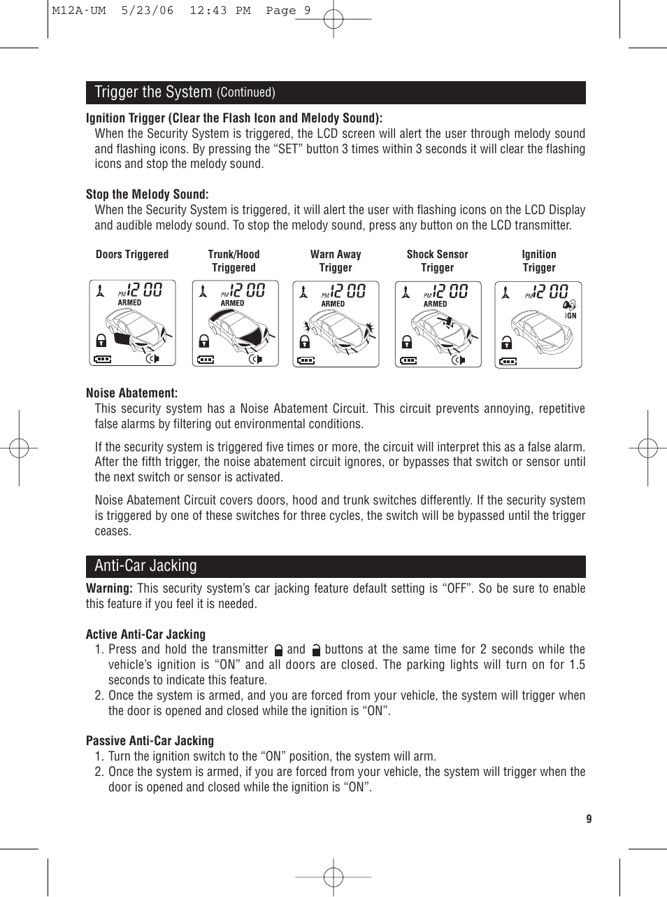 Trigger the system, Anti-car jacking | Magnadyne M12A User Manual | Page 9 / 20