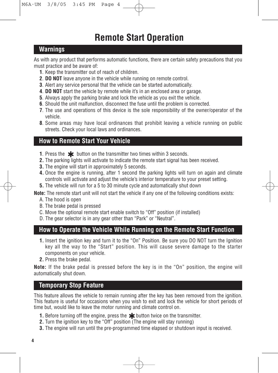 Remote start operation | Magnadyne M6A User Manual | Page 4 / 8