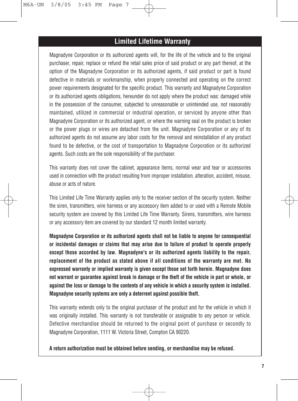 Limited lifetime warranty | Magnadyne M6A User Manual | Page 7 / 8