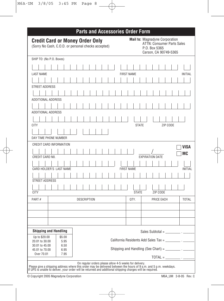 Credit card or money order only, Parts and accessories order form | Magnadyne M6A User Manual | Page 8 / 8