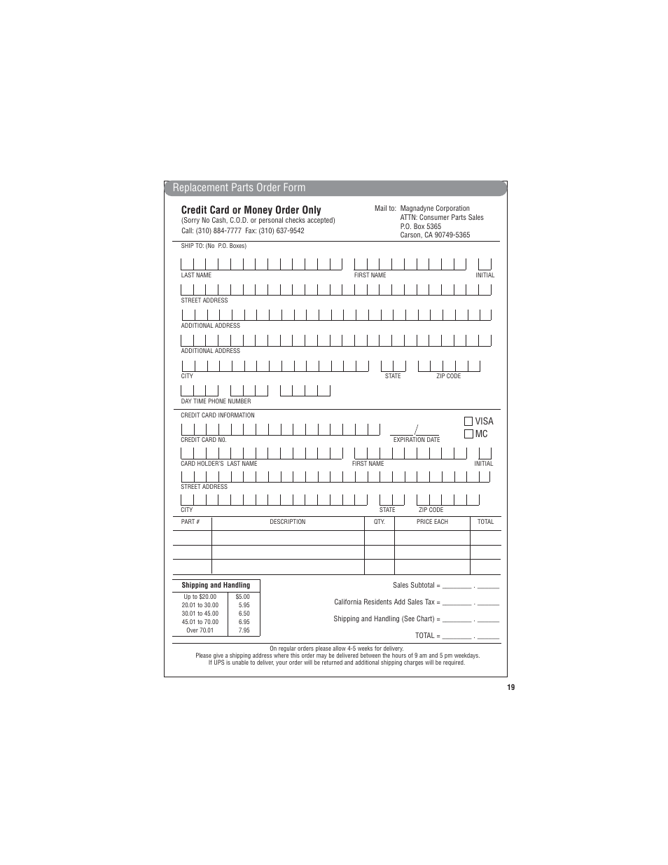 Replacement parts order form, Credit card or money order only, Visa mc | Magnadyne X9 User Manual | Page 19 / 20