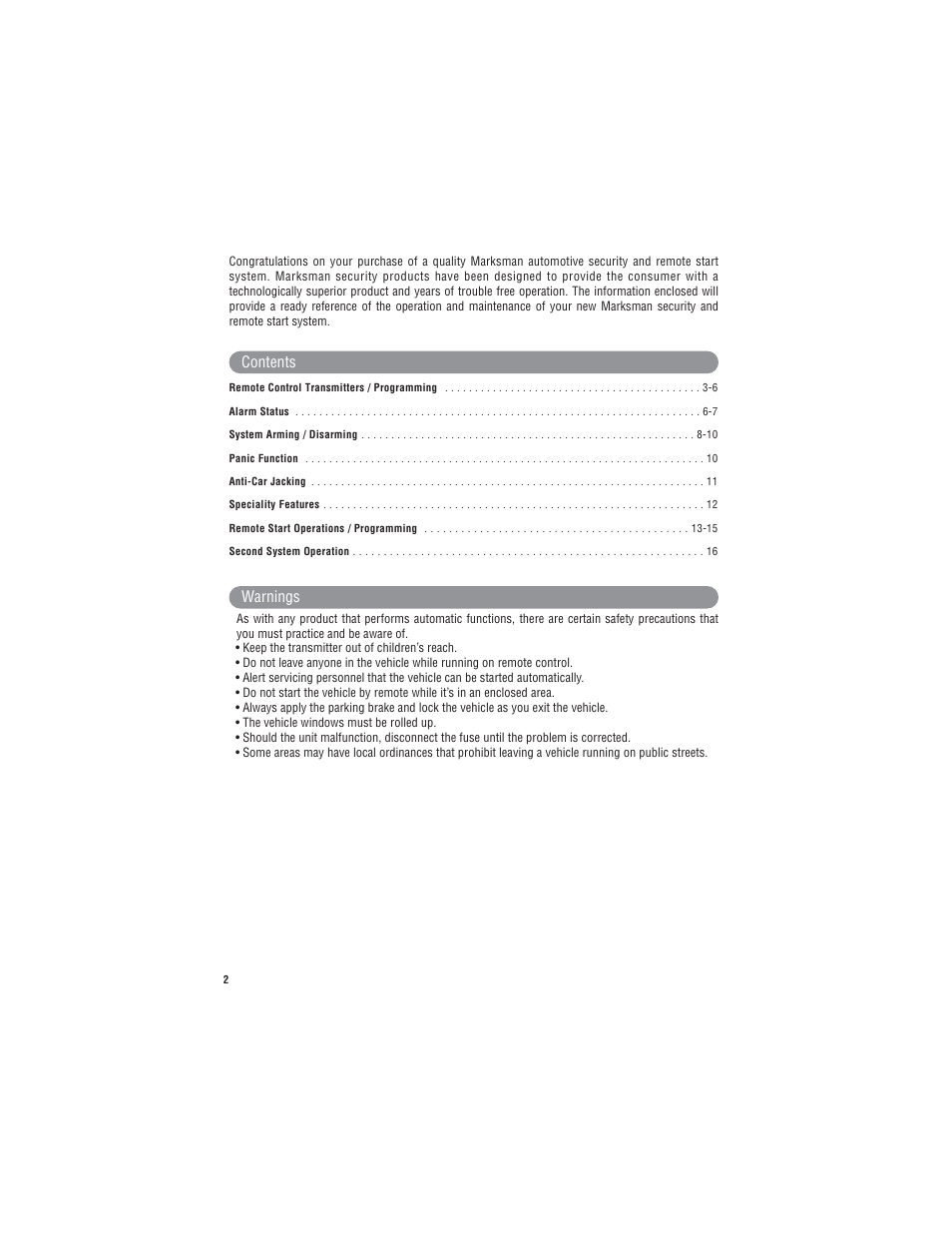 Warnings contents | Magnadyne X9 User Manual | Page 2 / 20