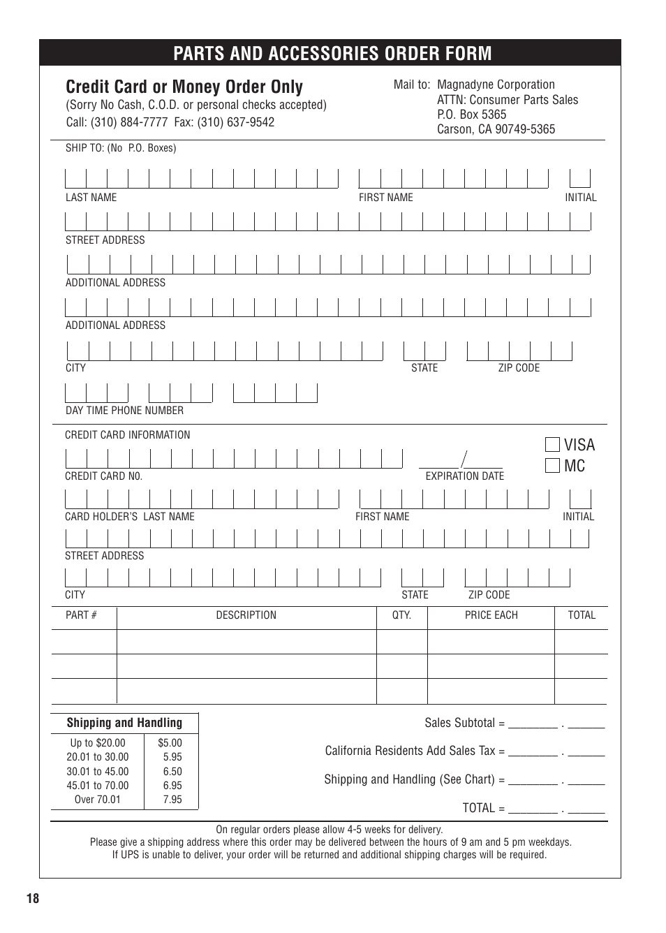 Parts and accessories order form, Credit card or money order only, Visa mc | Magnadyne M8a User Manual | Page 18 / 20