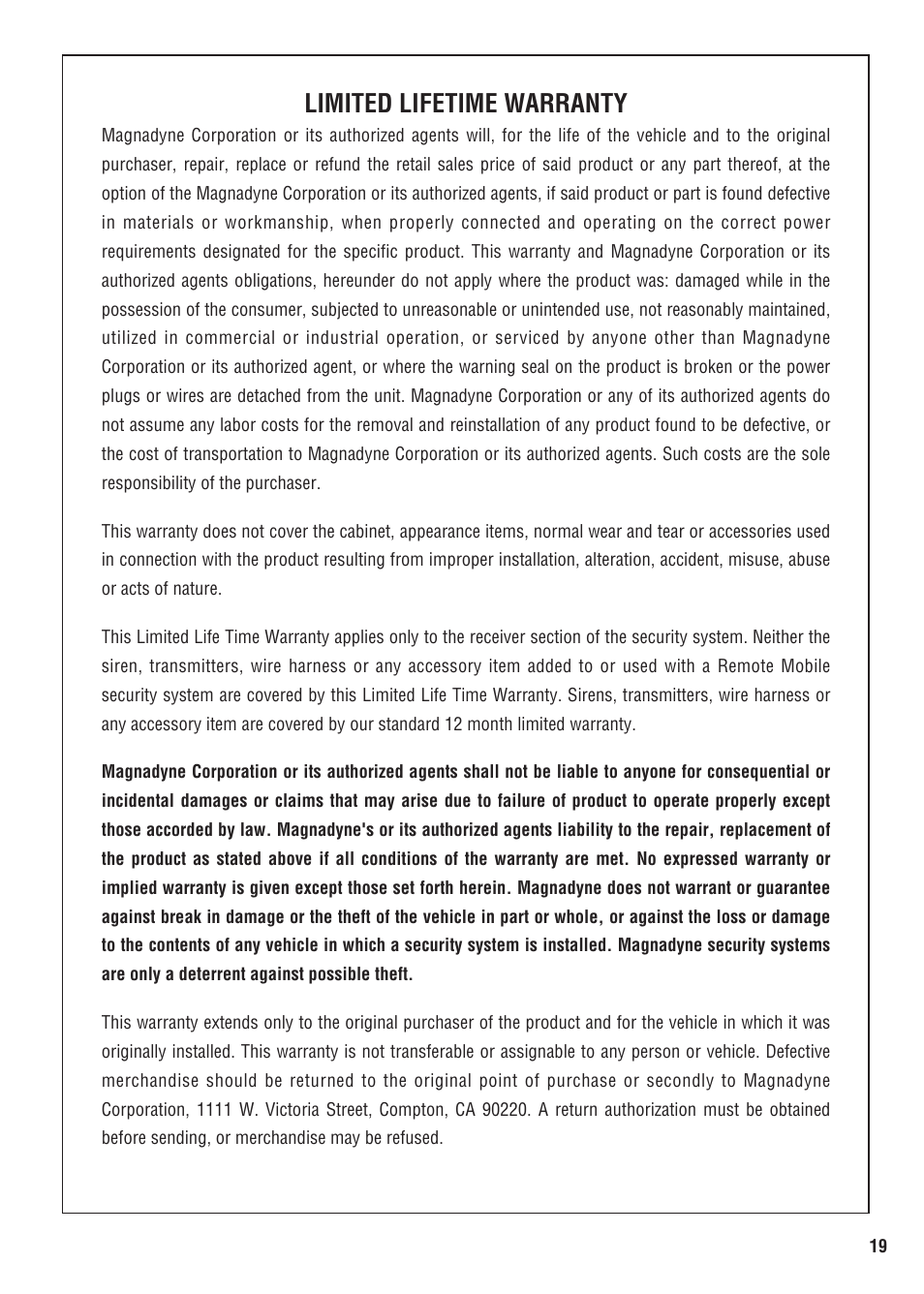 Limited lifetime warranty | Magnadyne M8a User Manual | Page 19 / 20