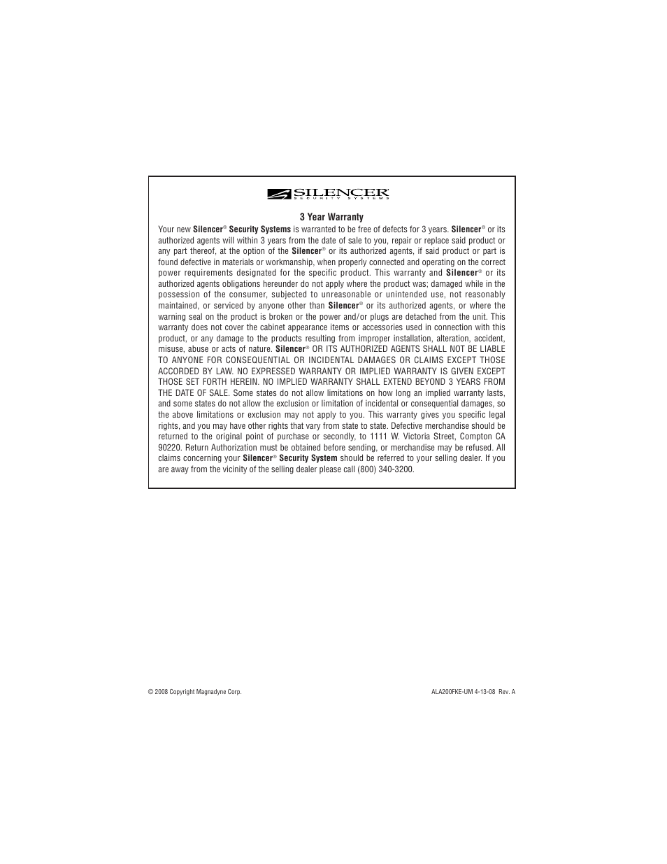3 year warranty | Magnadyne Silencer Security Systems ALA200FKE User Manual | Page 8 / 8