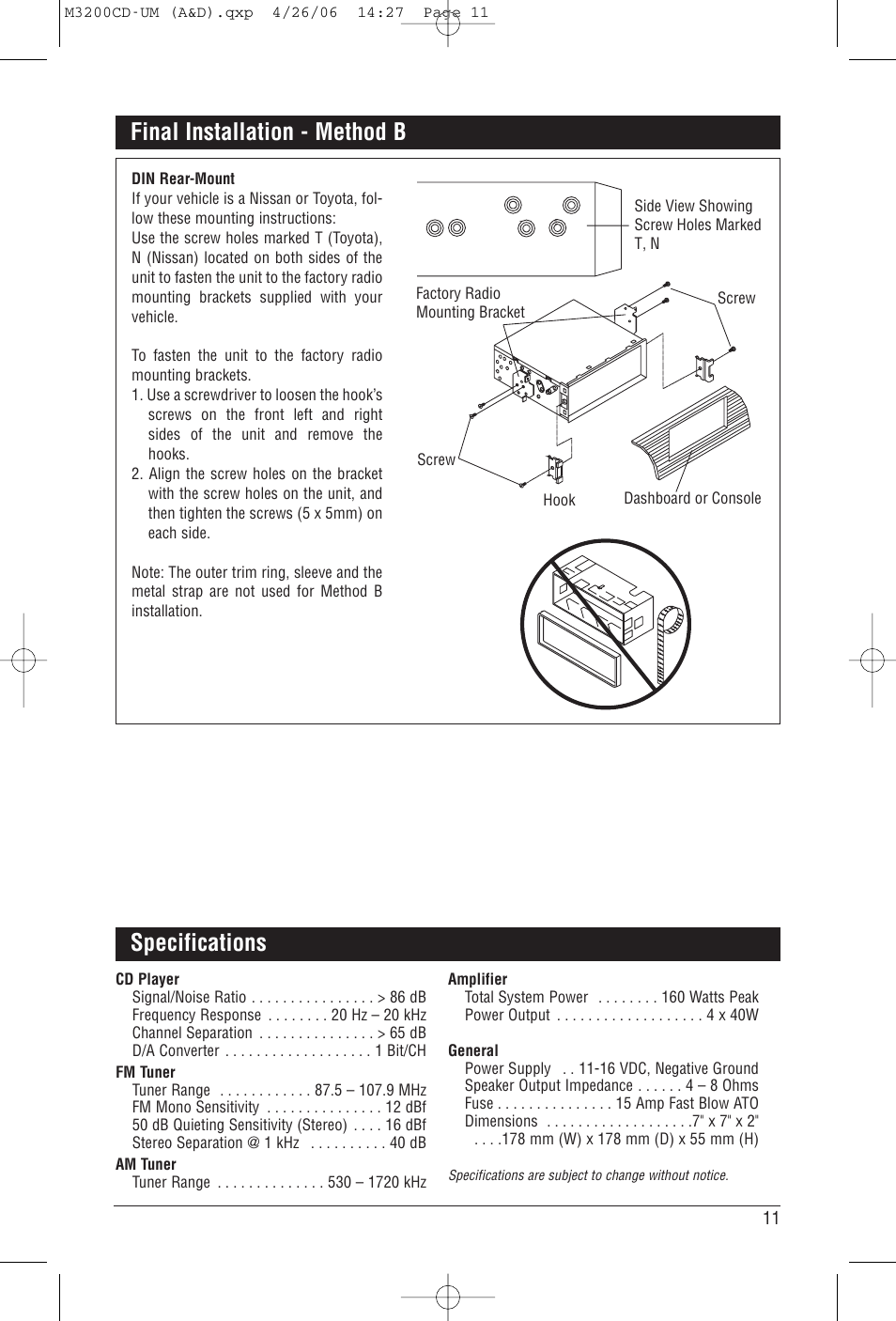 Specifications final installation - method b | Magnadyne M3200CD User Manual | Page 11 / 12