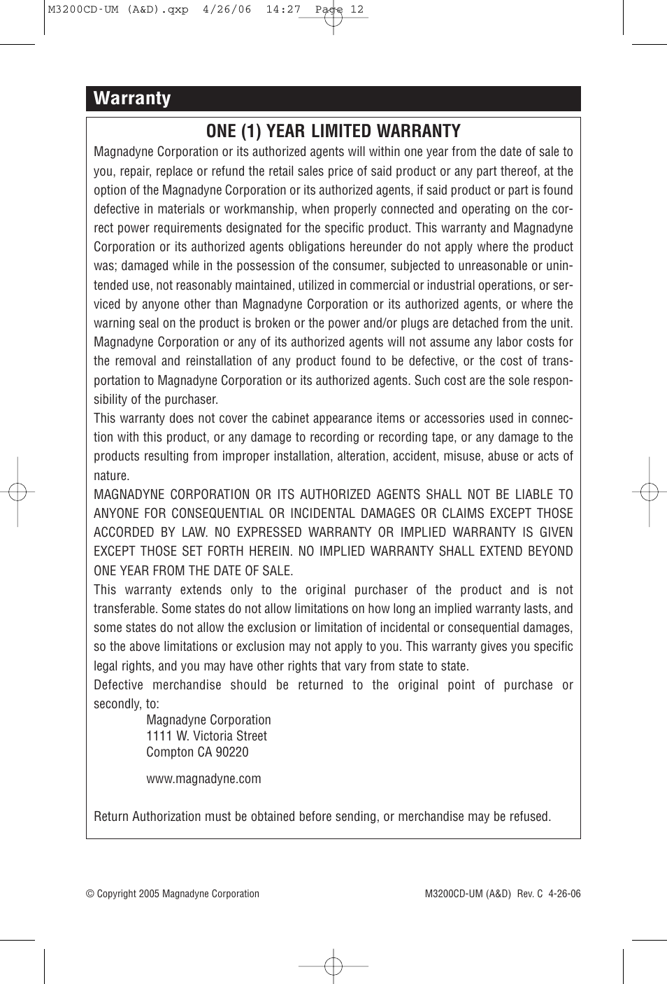 Warranty one (1) year limited warranty | Magnadyne M3200CD User Manual | Page 12 / 12