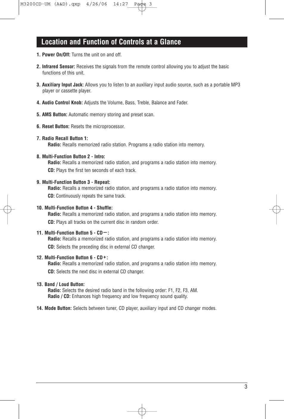 Location and function of controls at a glance | Magnadyne M3200CD User Manual | Page 3 / 12