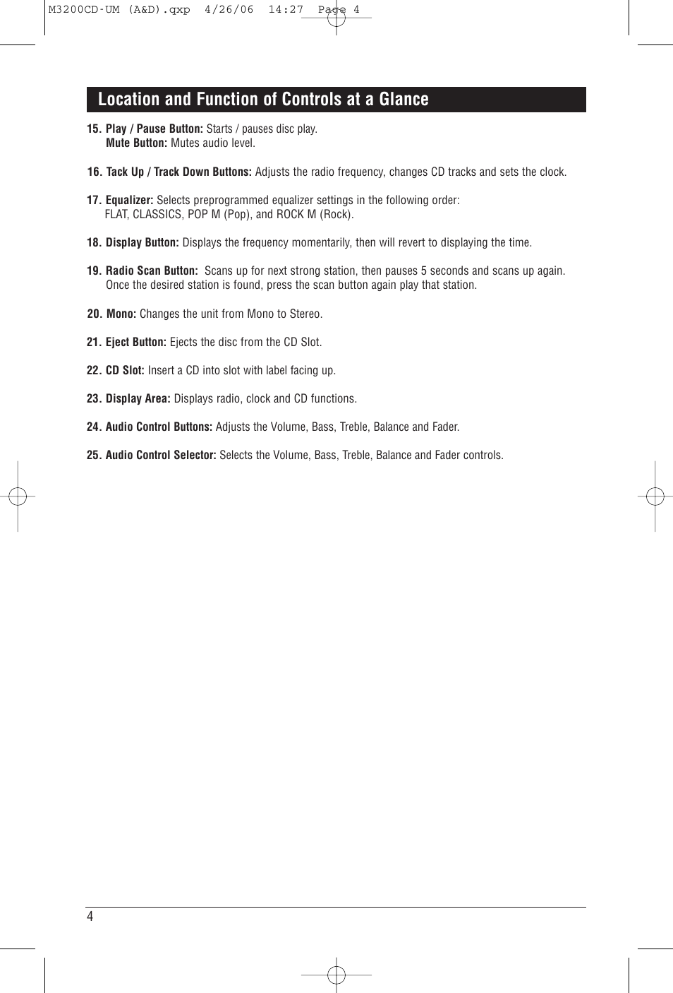 Location and function of controls at a glance | Magnadyne M3200CD User Manual | Page 4 / 12