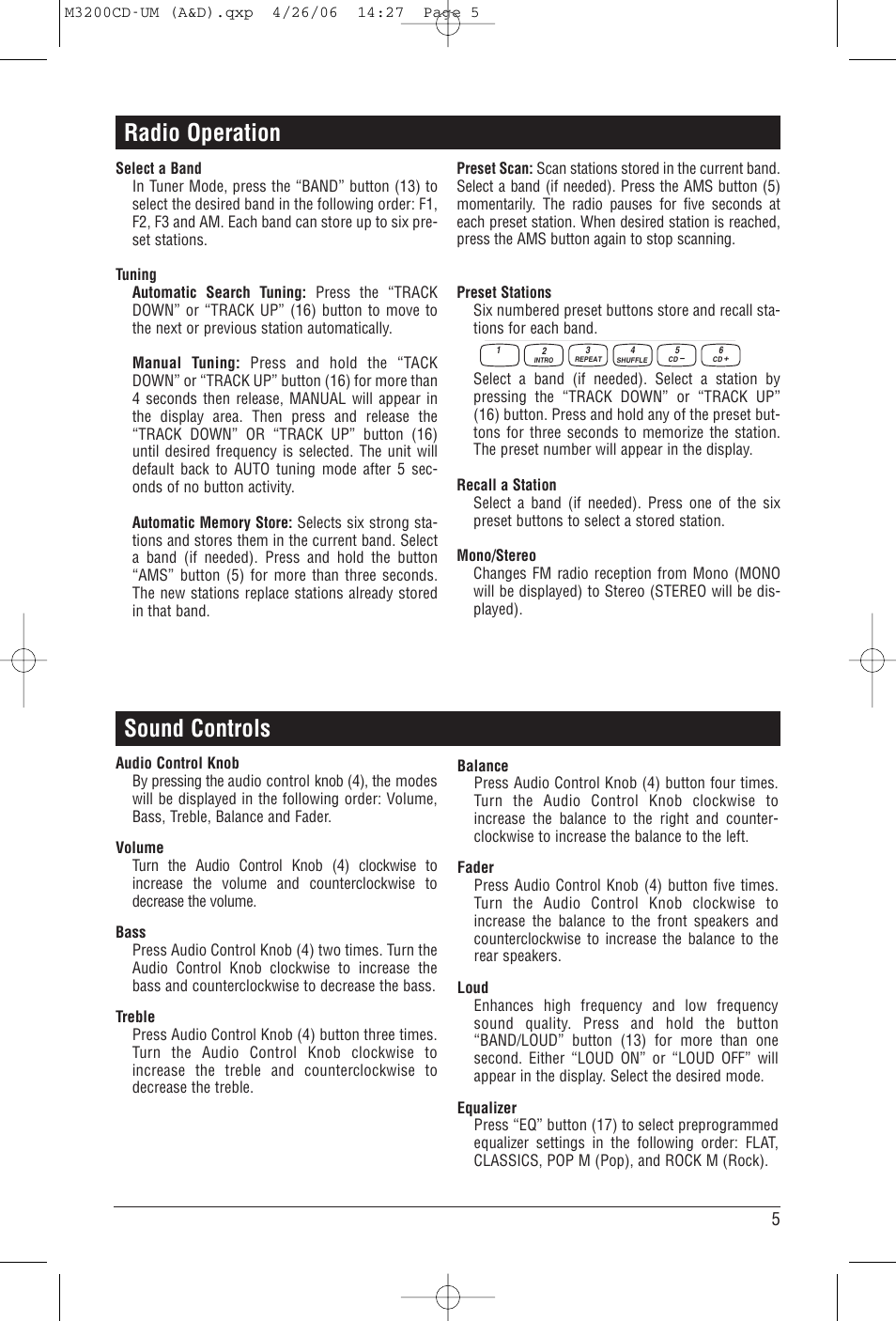 Radio operation, Sound controls | Magnadyne M3200CD User Manual | Page 5 / 12