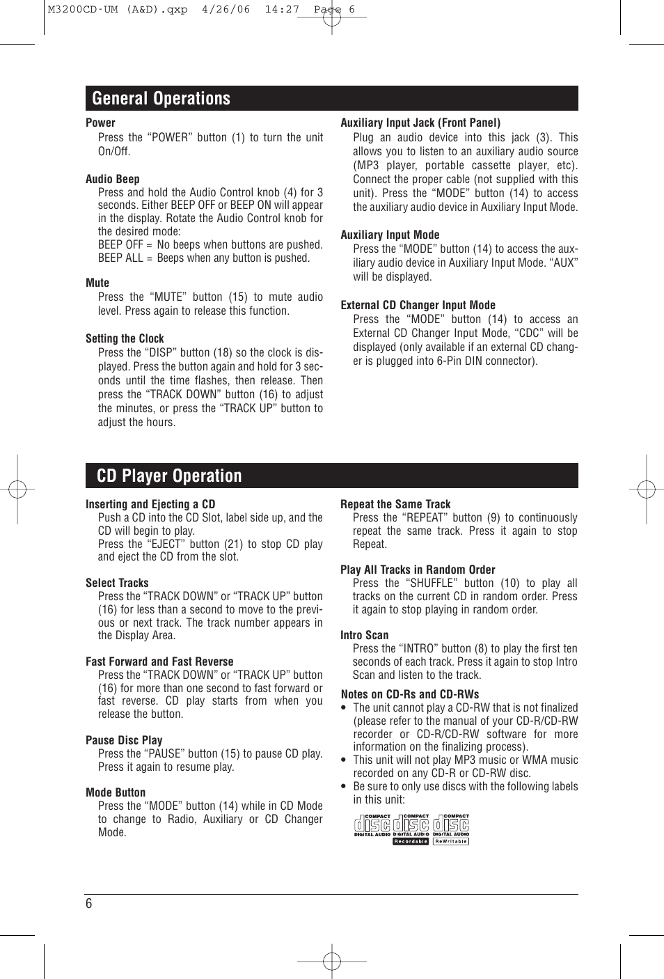 Cd player operation, General operations | Magnadyne M3200CD User Manual | Page 6 / 12