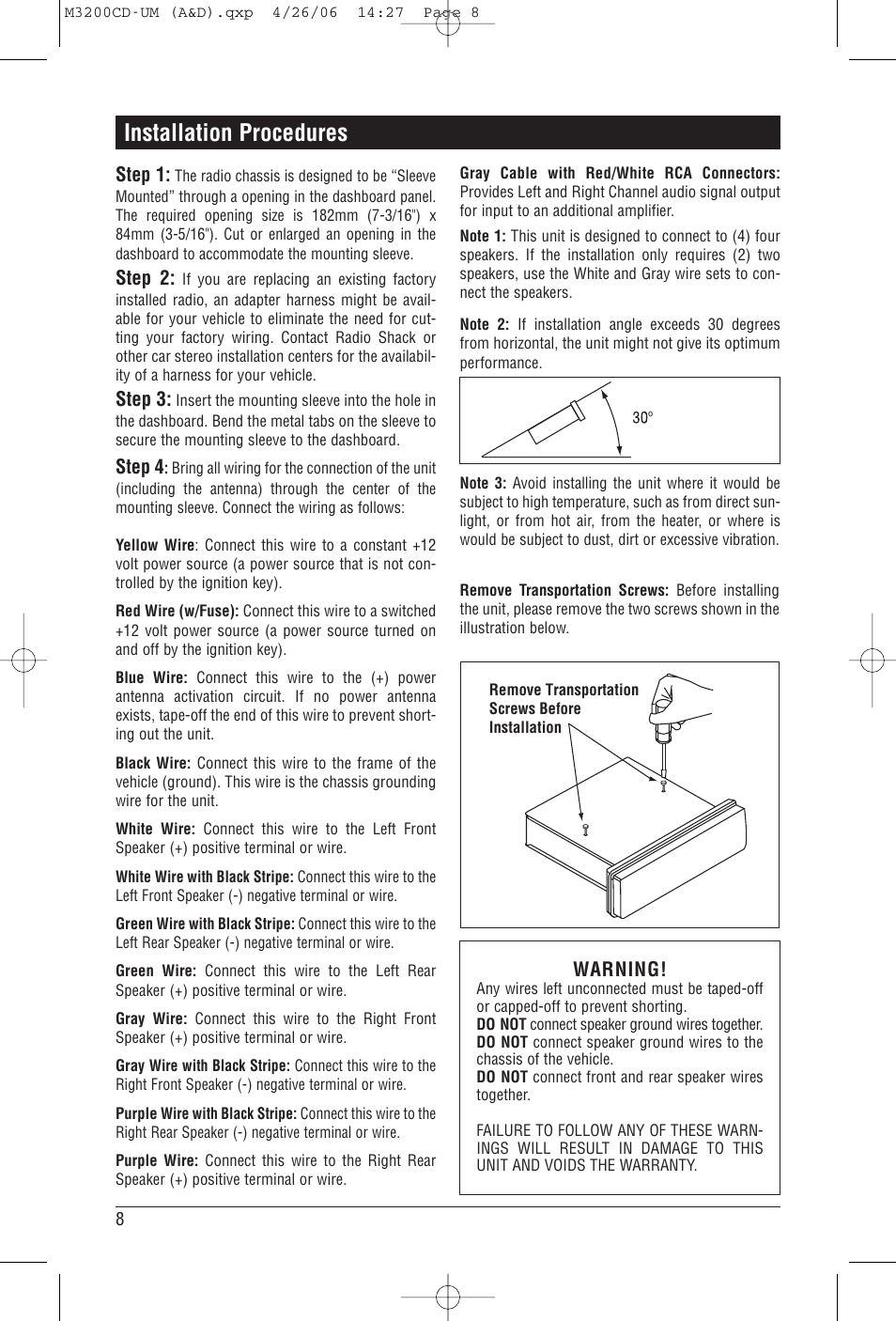 Installation procedures, Step 1, Step 2 | Step 3, Step 4, Warning | Magnadyne M3200CD User Manual | Page 8 / 12