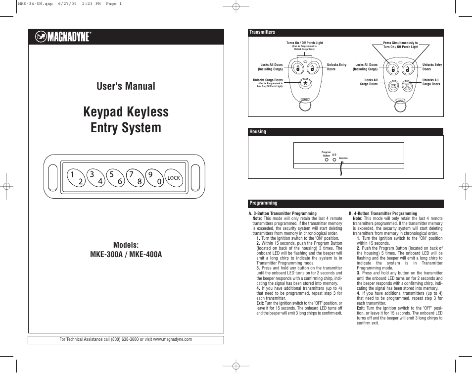 Magnadyne Keypad Keyless Entry System MKE-300A User Manual | 2 pages