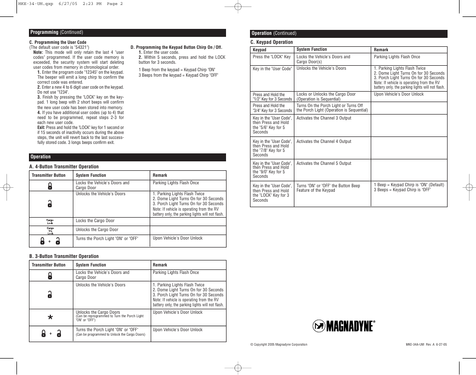 Magnadyne Keypad Keyless Entry System MKE-300A User Manual | Page 2 / 2
