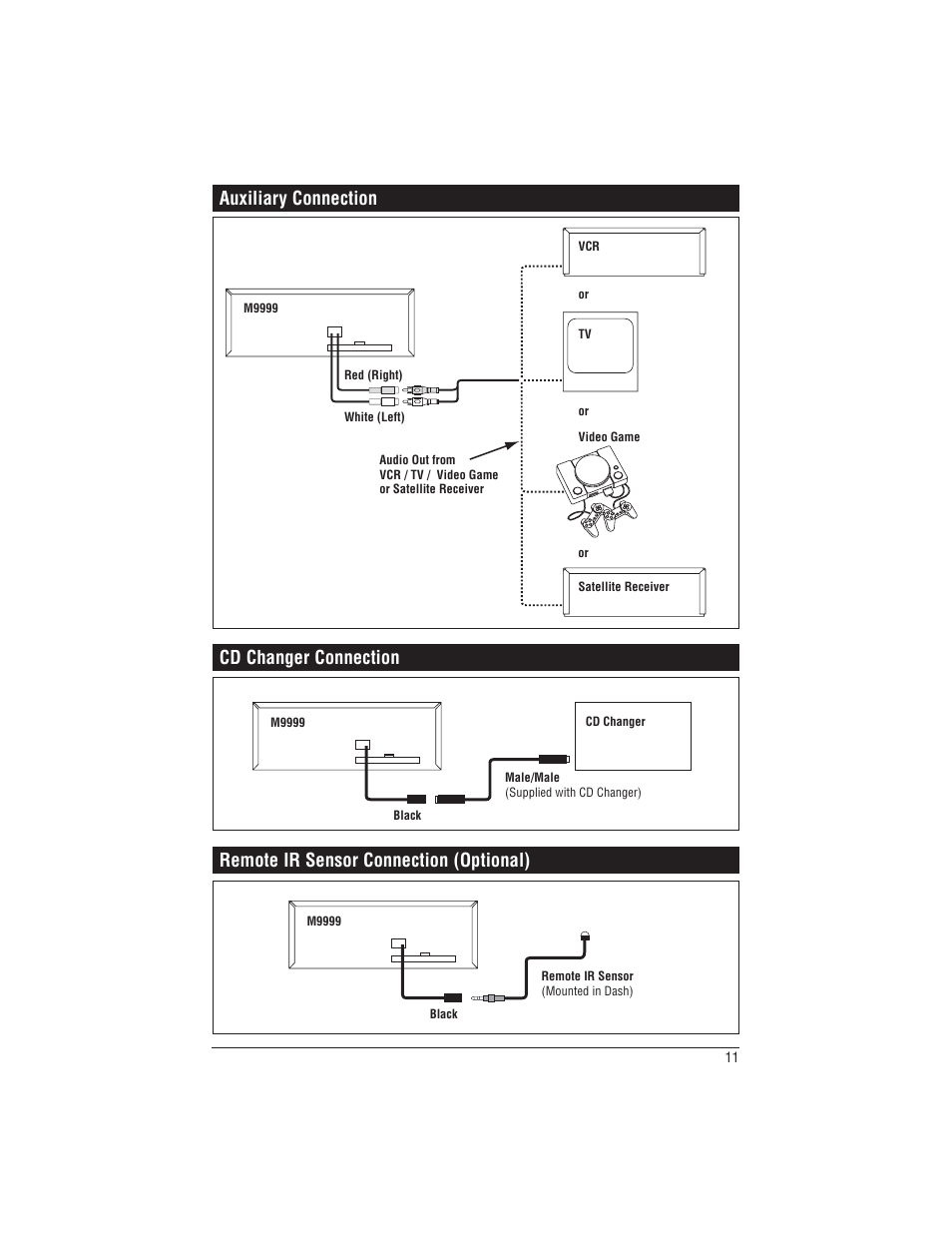 Auxiliary connection cd changer connection, Remote ir sensor connection (optional) | Magnadyne M9999 User Manual | Page 11 / 12