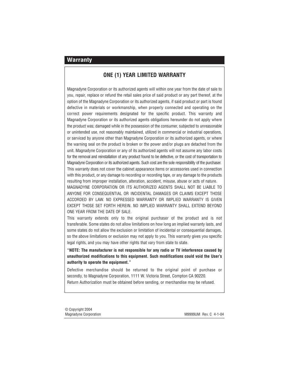 Warranty one (1) year limited warranty | Magnadyne M9999 User Manual | Page 12 / 12