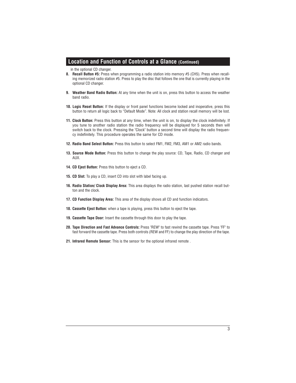 Location and function of controls at a glance | Magnadyne M9999 User Manual | Page 3 / 12