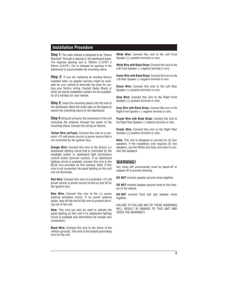 Warning, Installation procedure | Magnadyne M9999 User Manual | Page 9 / 12