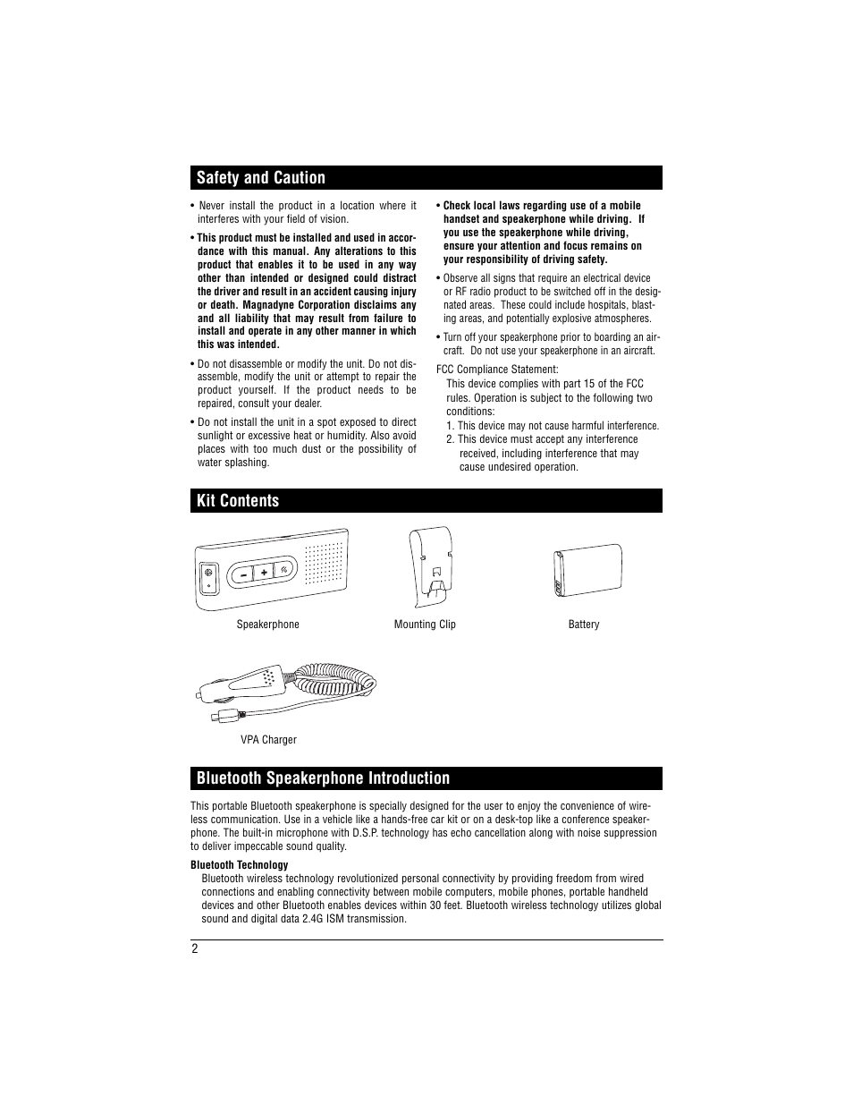 Kit contents | Magnadyne MobileVision BT-HFKP10 User Manual | Page 2 / 8
