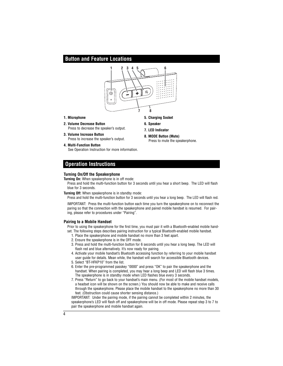 Button and feature locations, Operation instructions | Magnadyne MobileVision BT-HFKP10 User Manual | Page 4 / 8