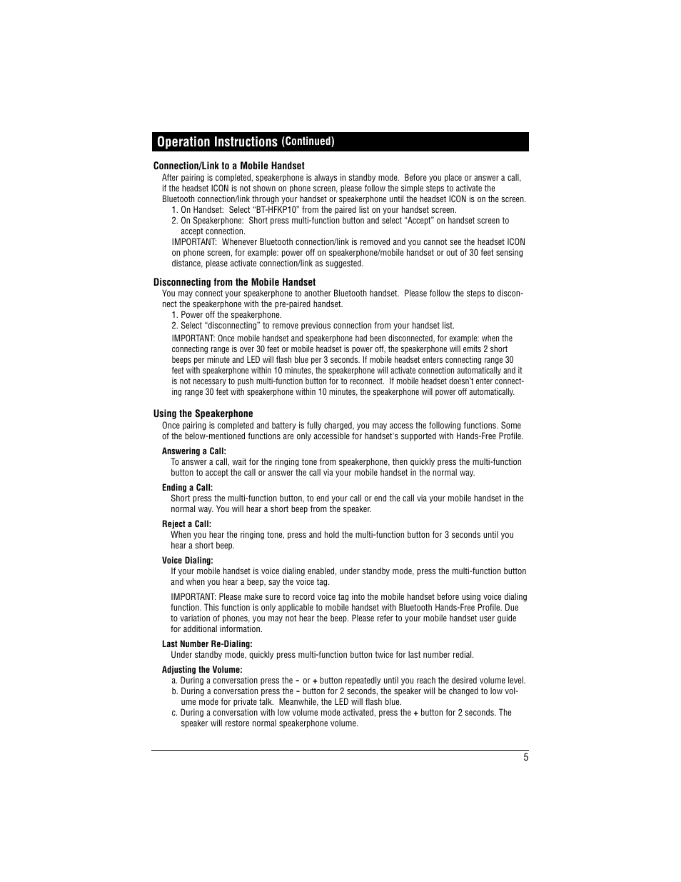 Operation instructions | Magnadyne MobileVision BT-HFKP10 User Manual | Page 5 / 8