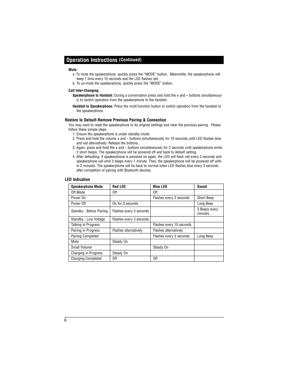 Operation instructions | Magnadyne MobileVision BT-HFKP10 User Manual | Page 6 / 8
