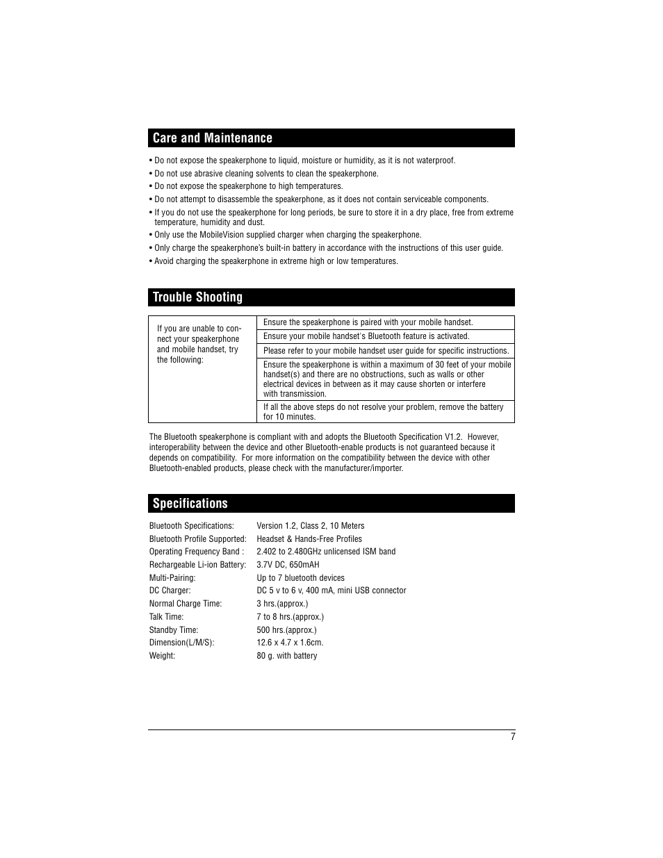 Care and maintenance, Trouble shooting, Specifications | Magnadyne MobileVision BT-HFKP10 User Manual | Page 7 / 8