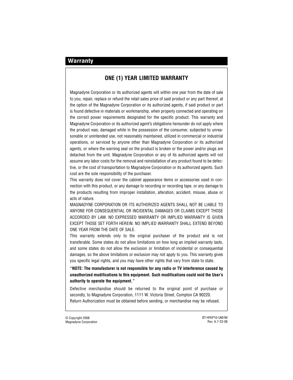 Warranty one (1) year limited warranty | Magnadyne MobileVision BT-HFKP10 User Manual | Page 8 / 8