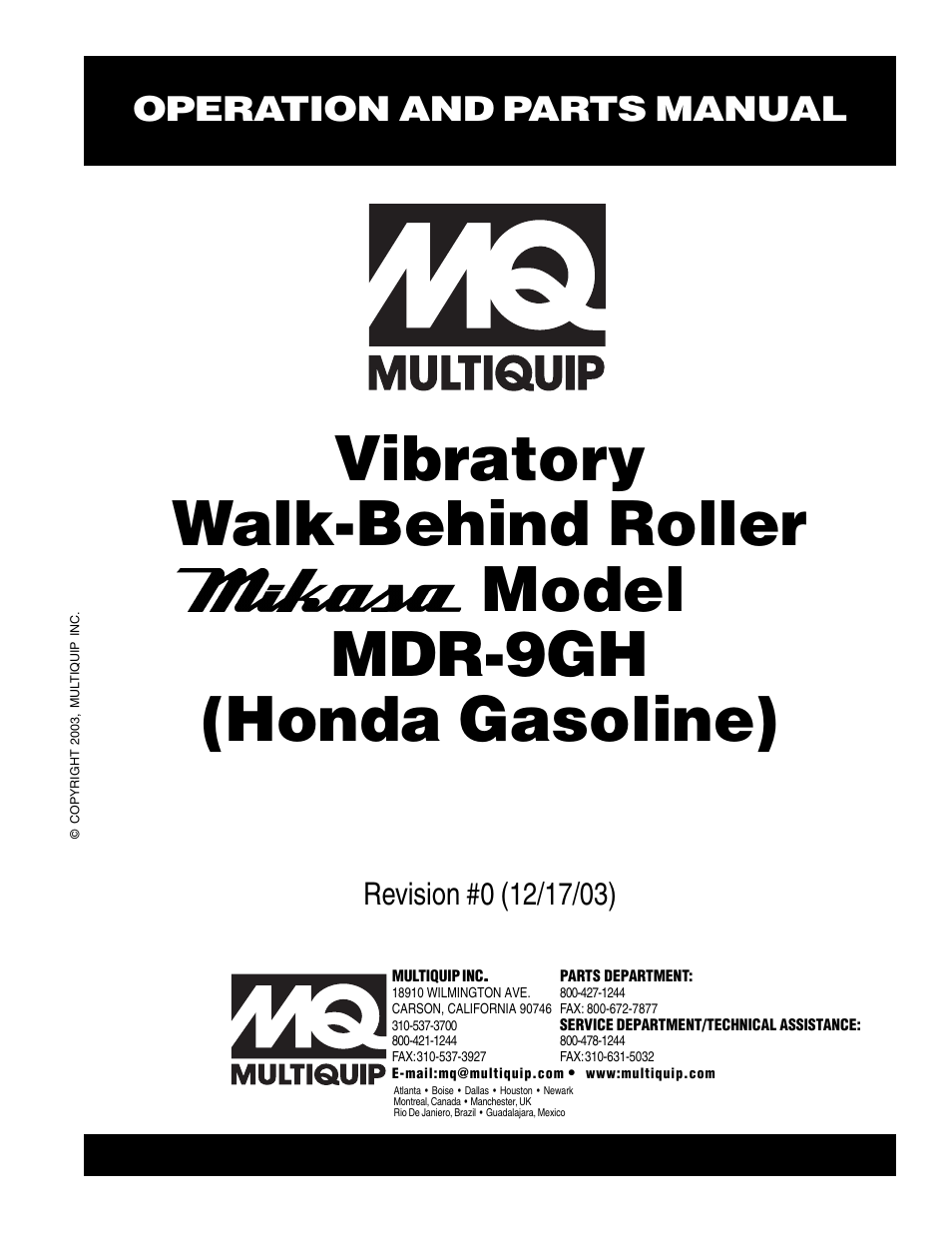 Multiquip Mikasa Vibratory Walk-Behind Roller MDR-9GH User Manual | 106 pages