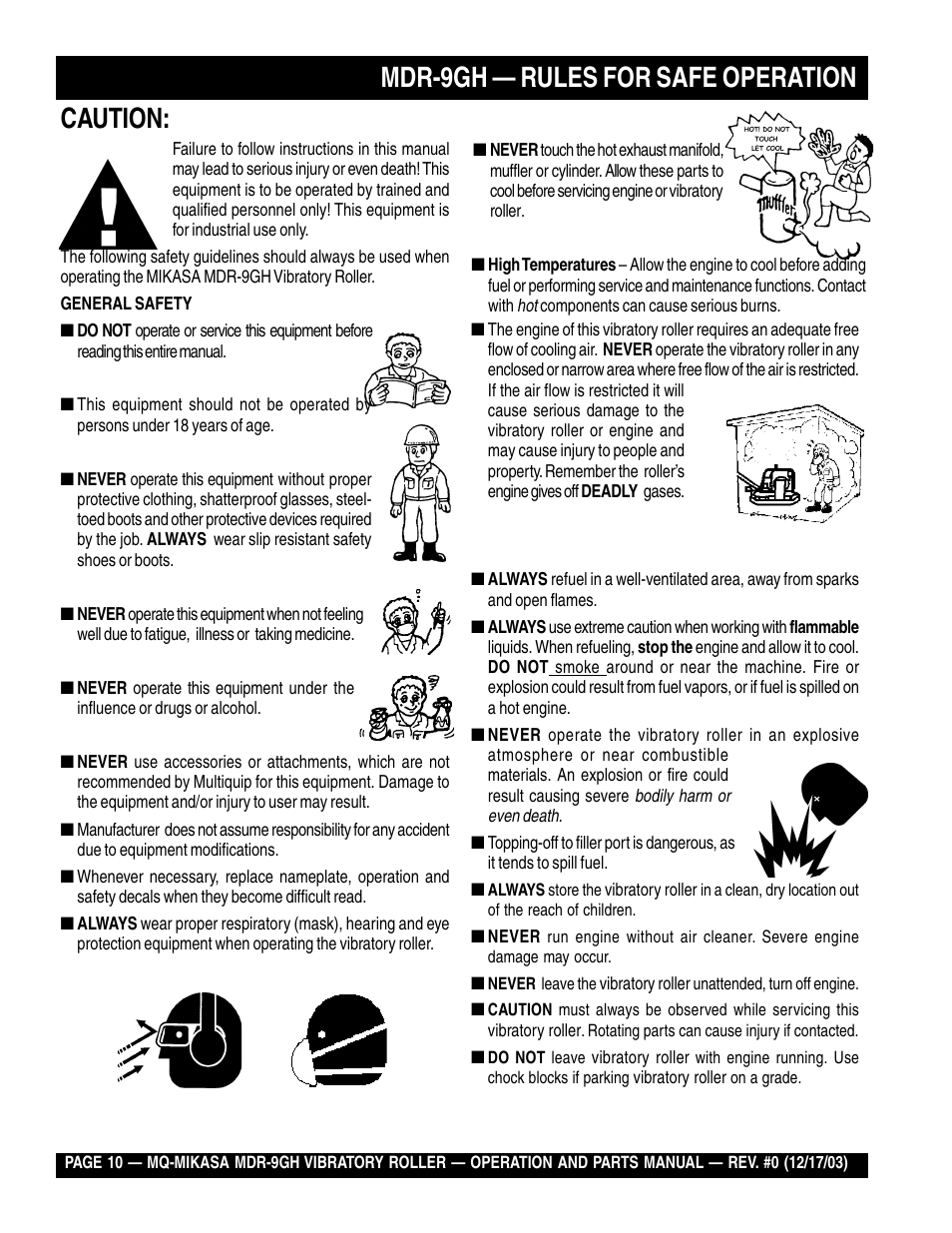 Mdr-9gh — rules for safe operation, Caution | Multiquip Mikasa Vibratory Walk-Behind Roller MDR-9GH User Manual | Page 10 / 106