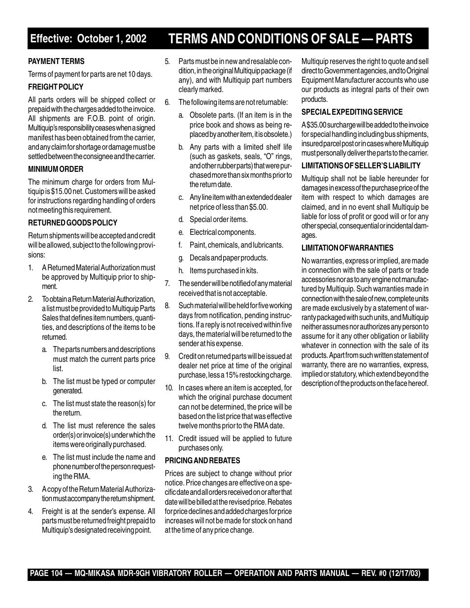 Terms and conditions of sale — parts | Multiquip Mikasa Vibratory Walk-Behind Roller MDR-9GH User Manual | Page 104 / 106