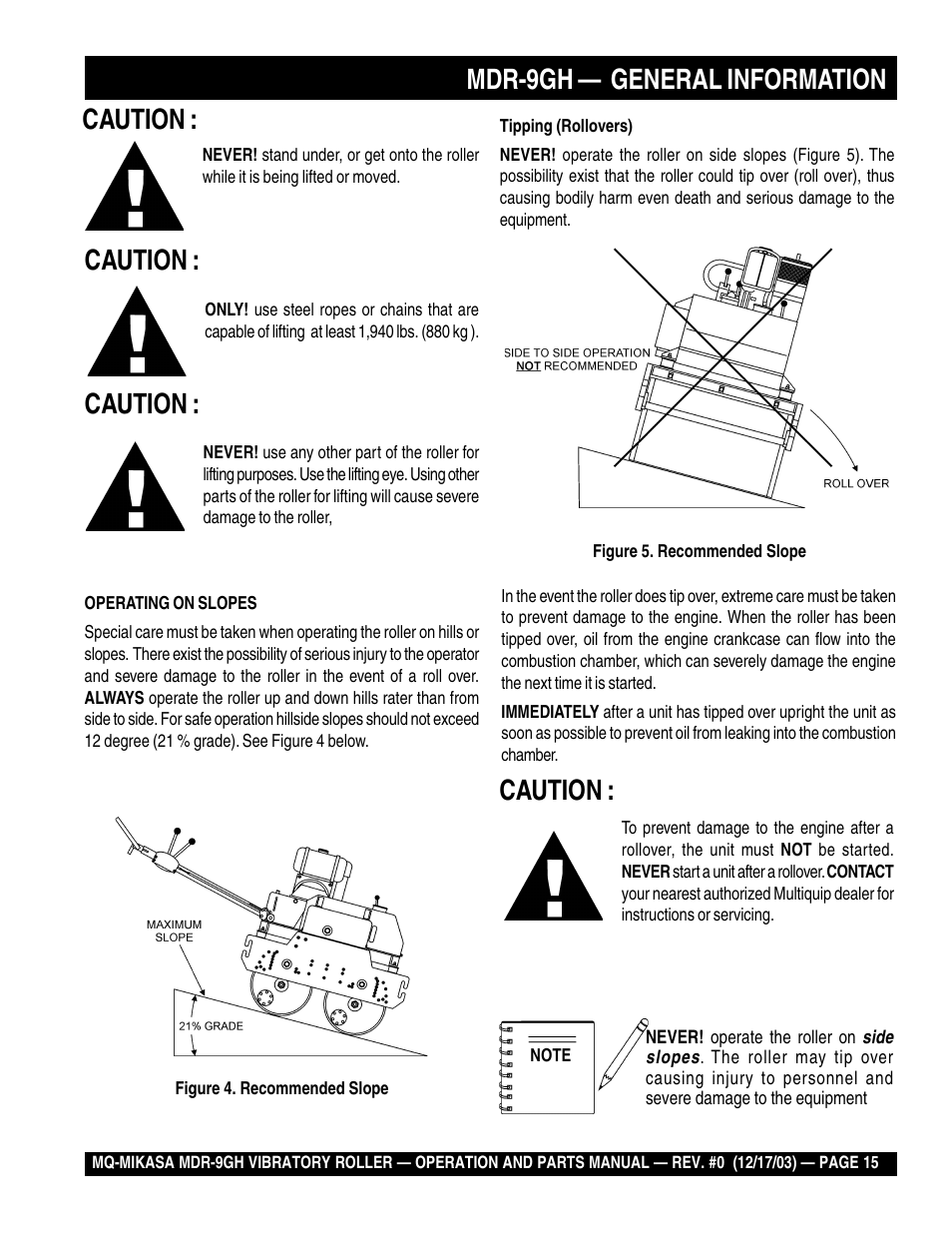 Mdr-9gh — general information, Caution | Multiquip Mikasa Vibratory Walk-Behind Roller MDR-9GH User Manual | Page 15 / 106