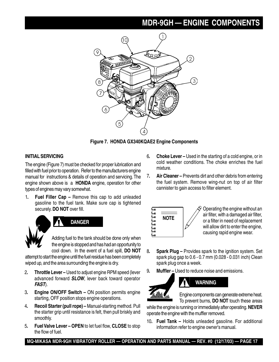 Mdr-9gh — engine components | Multiquip Mikasa Vibratory Walk-Behind Roller MDR-9GH User Manual | Page 17 / 106